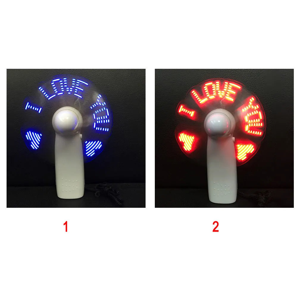 White handheld mini fan with flashing blue and red LED love pattern