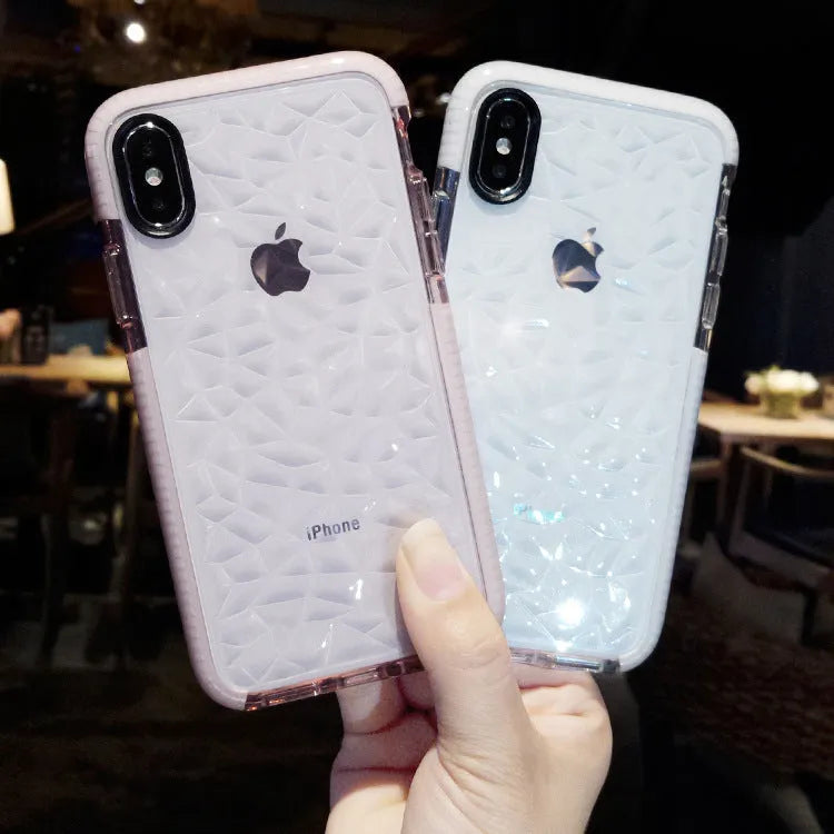 Striped TPU back cover iPhone case shown in black border, pink border, and white border colour options.