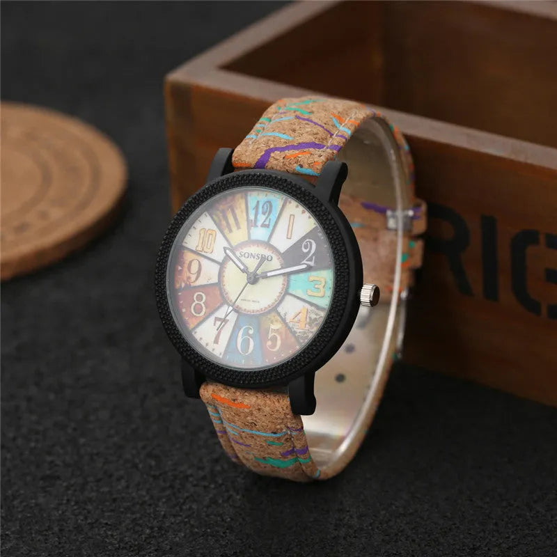 Casual women's watch with leather strap, 37mm round dial and stainless steel buckle