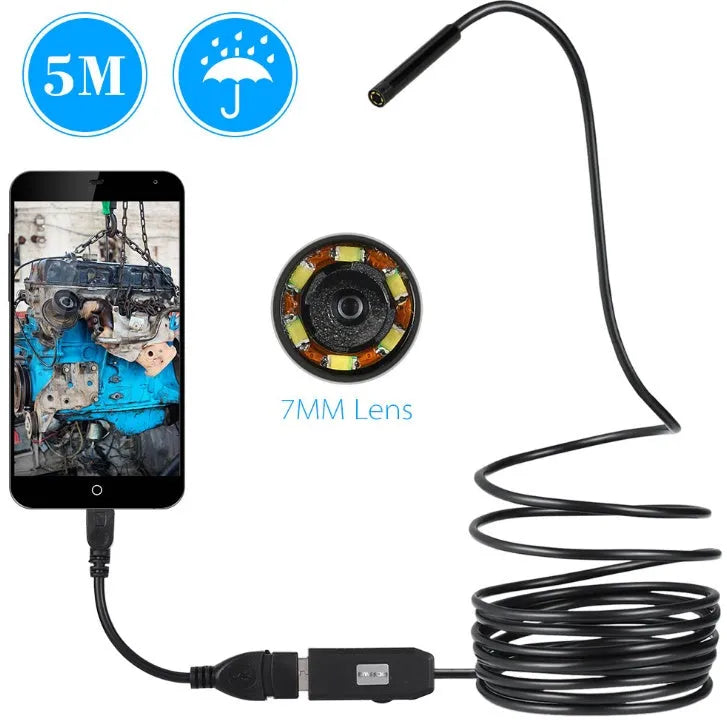 OWSOO USB endoscope camera with flexible cable, magnet, hook, and side mirror next to a smartphone.