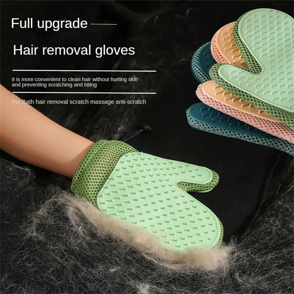 Right hand pet grooming glove in blue on fabric, showing mesh texture for removing cat and dog hair.