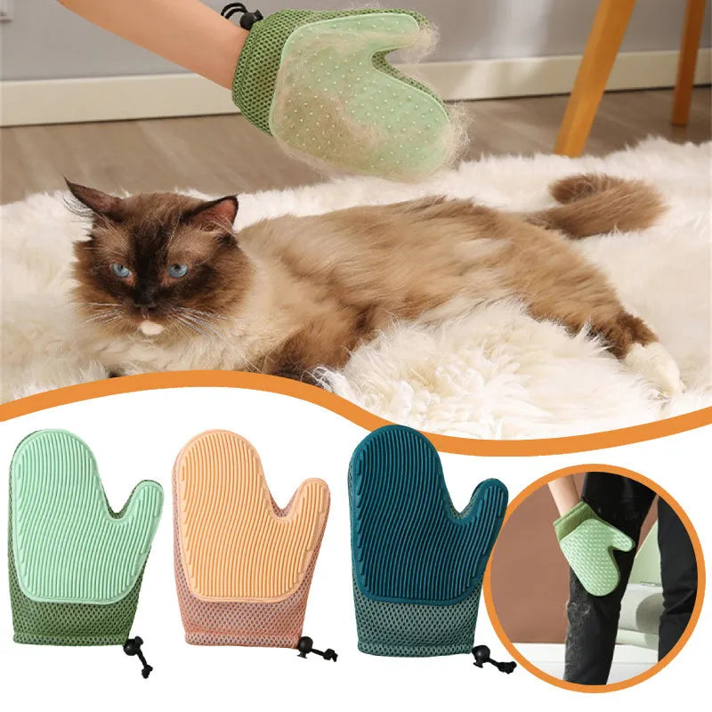 Right hand pet grooming glove in blue on fabric, showing mesh texture for removing cat and dog hair.