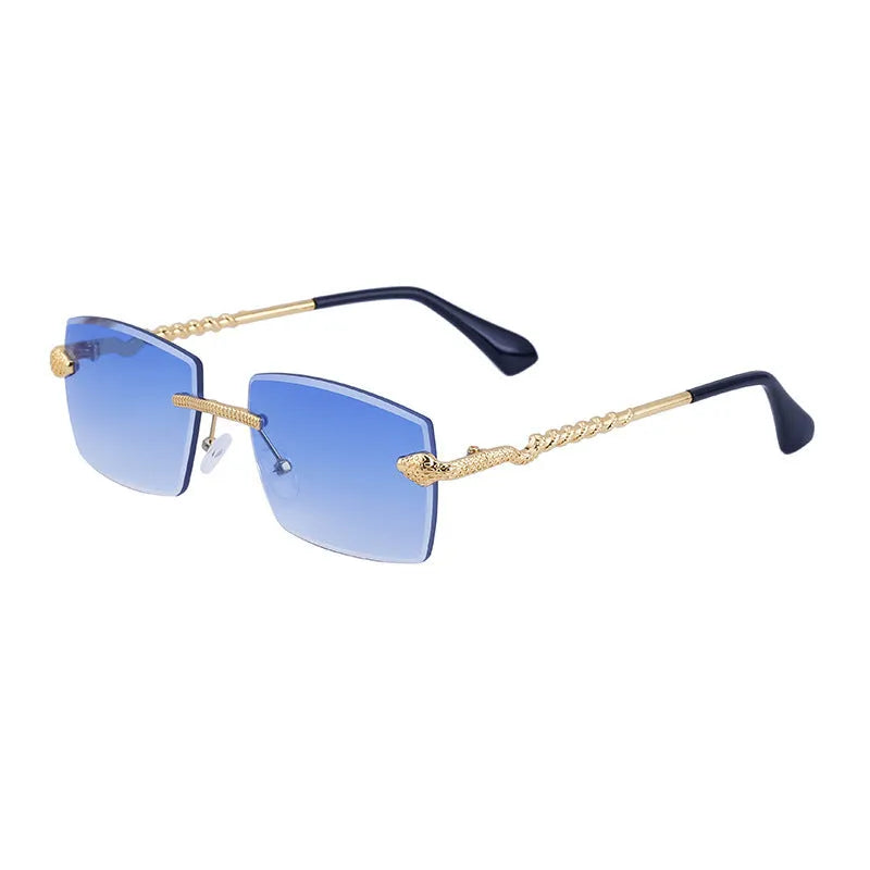 Fashion rimless sunglasses for men UV400 PC lens golden tea wood grain bag pollen tablet