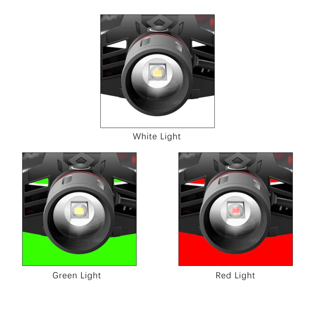 T6 LED headlamp with white red and green lights showing zoomable focus and rechargeable 18650 battery design