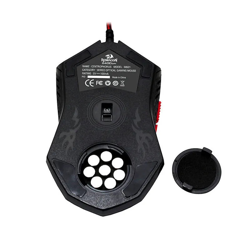 Black and red USB wired gaming mouse with six buttons on a desktop mat.