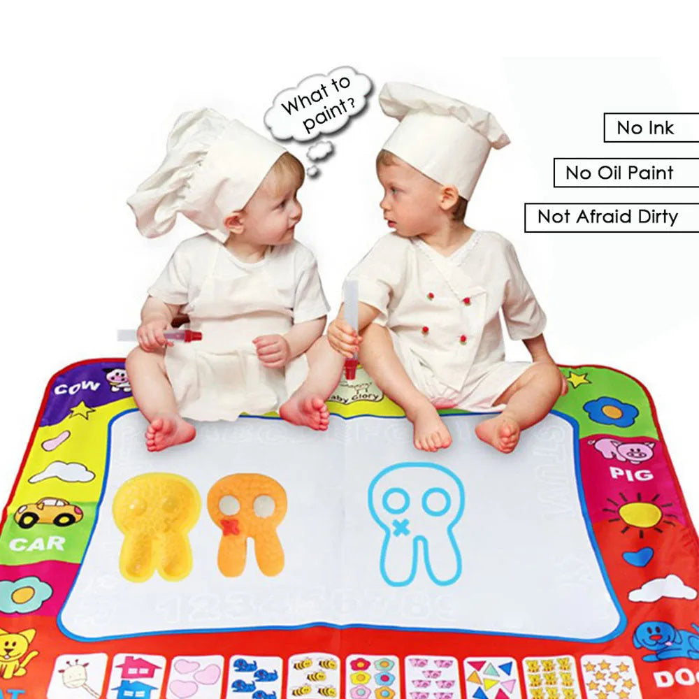 80x60cm children's water doodle drawing mat with two magic pens, showing a white drawing area with foggy letters and numbers around the edge