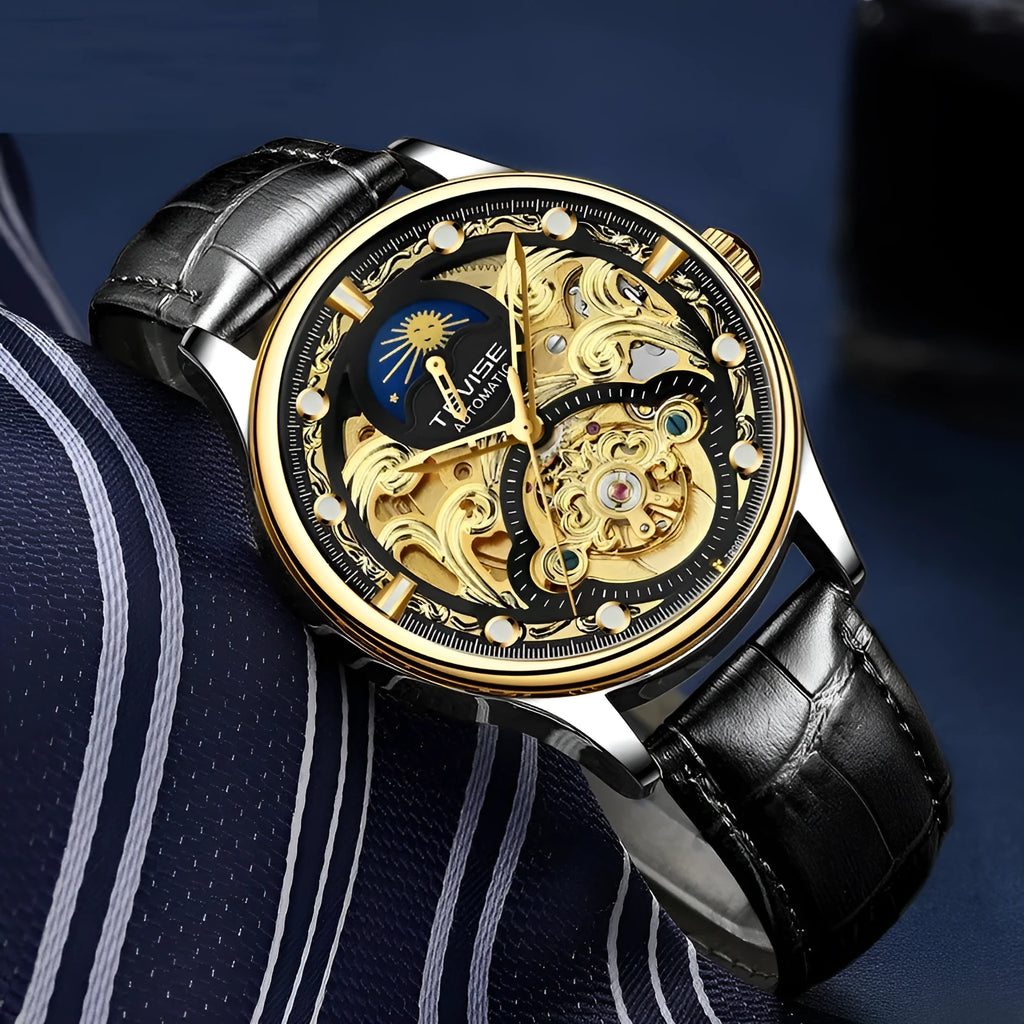 Men's gold and white leather strap automatic mechanical watch with 16mm thick case