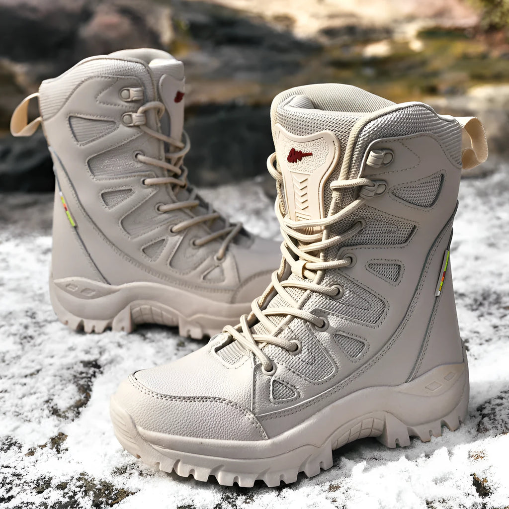 Men's cowhide hi-top hiking shoes in beige, a platform sneaker for outdoor climbing and camping.