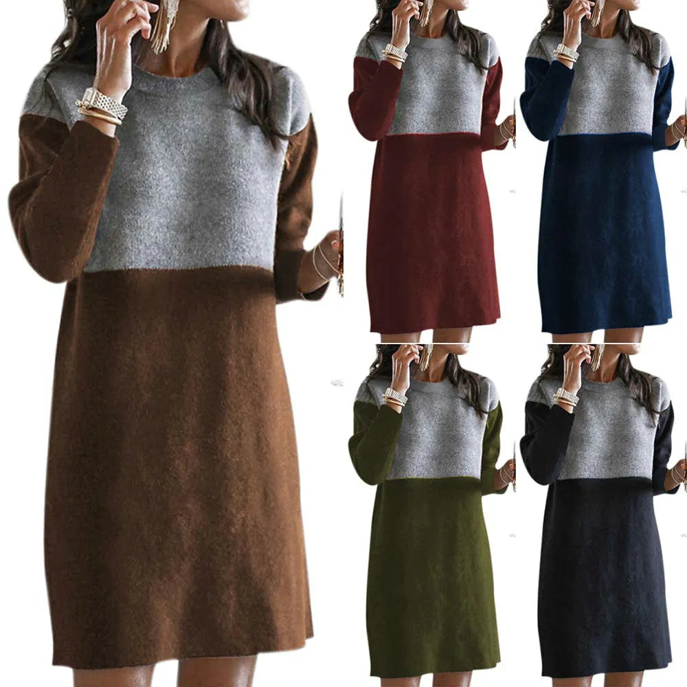 Brown women's polar fleece princess dress with patchwork collage stitching and long sleeves