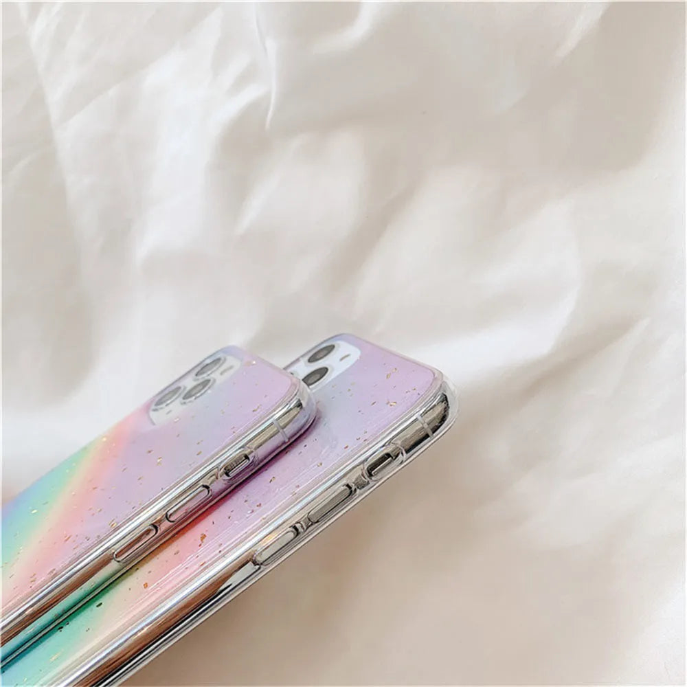 Rainbow gradient iPhone case with striped design on a phone