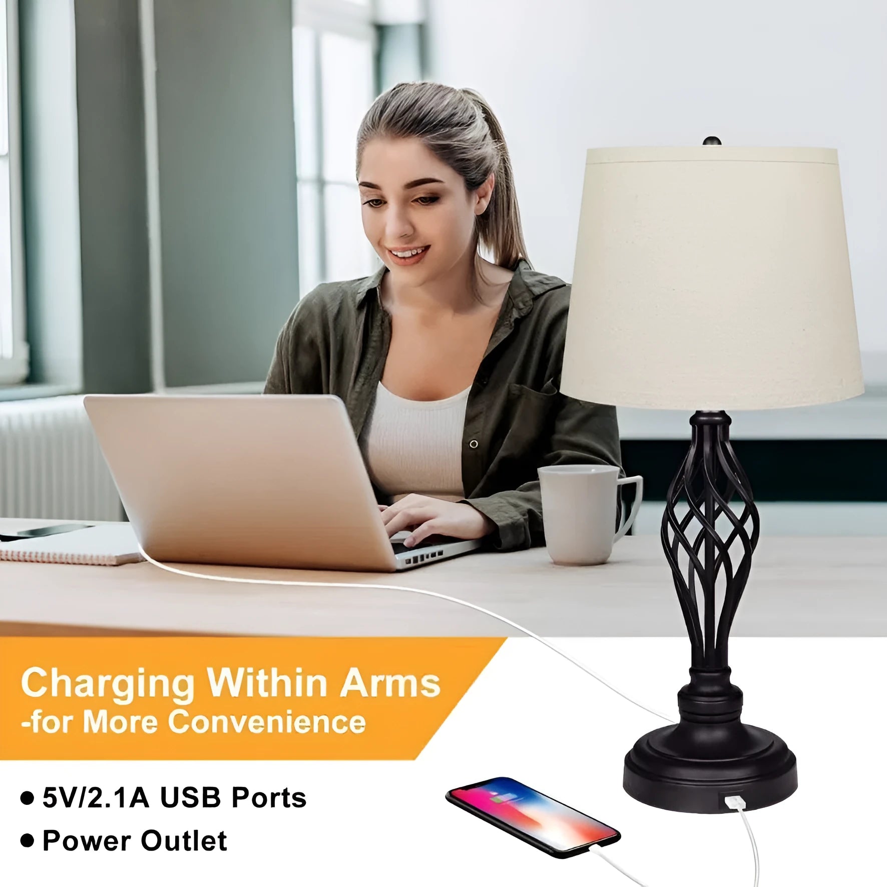 European style alloy bedside table lamp with touch controls for cold and warm dimmable light and USB charging socket