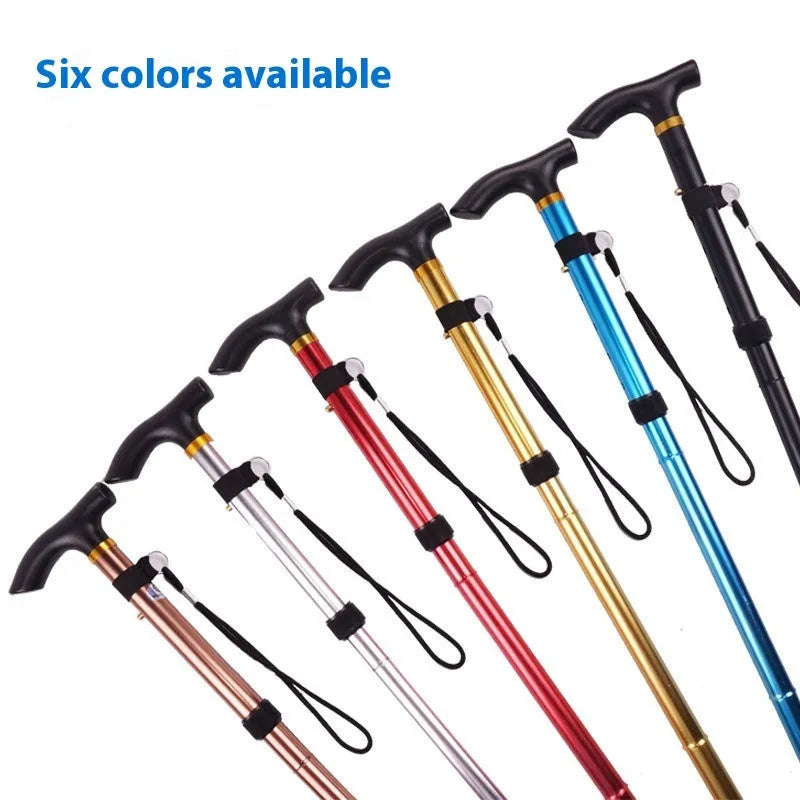 Aluminium folding walking stick extended to show adjustable height and rubber tip