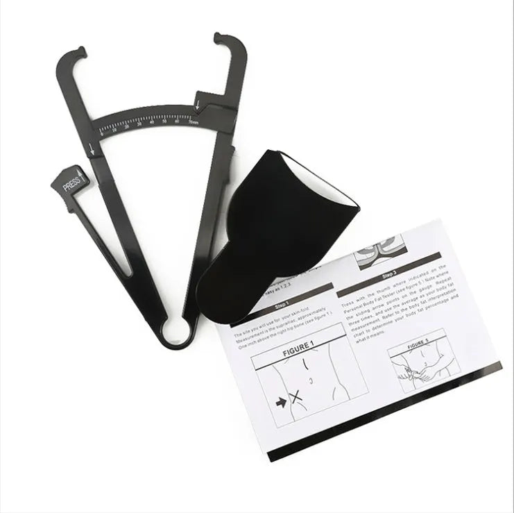 Black ABS plastic body fat caliper with measurement gauge and detachable cable for skin fold thickness testing.