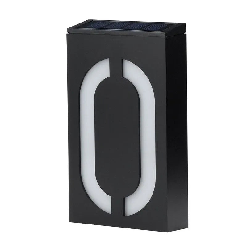 Solar powered house number light with white LEDs illuminating digit, IP65 waterproof outdoor design