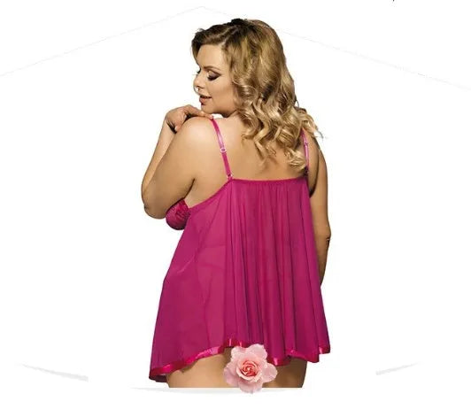 Women's purple seamless lace mesh sleepdress lingerie for plus sizes, shown on a hanger.