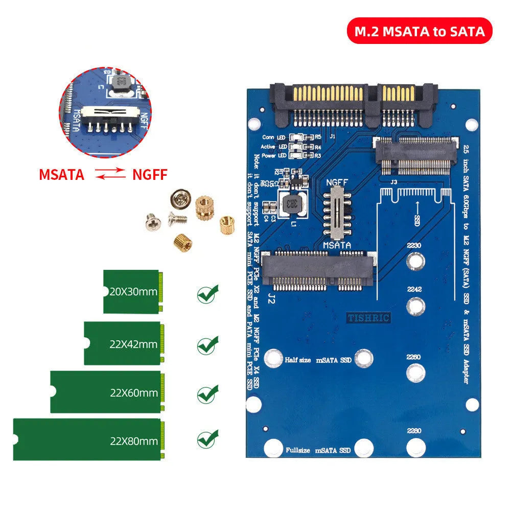 Black SATA3 to M.2 NGFF MSATA SSD conversion adapter card with connectors