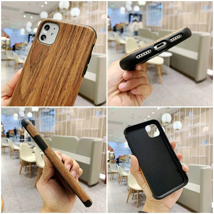 Wooden iPhone case with natural wood grain showing rosewood finish on iPhone 11 Pro