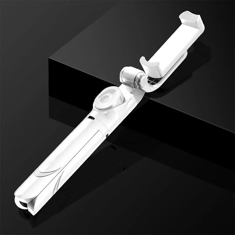 Bluetooth handheld selfie stick in black with extended arm and smartphone holder, remote control support