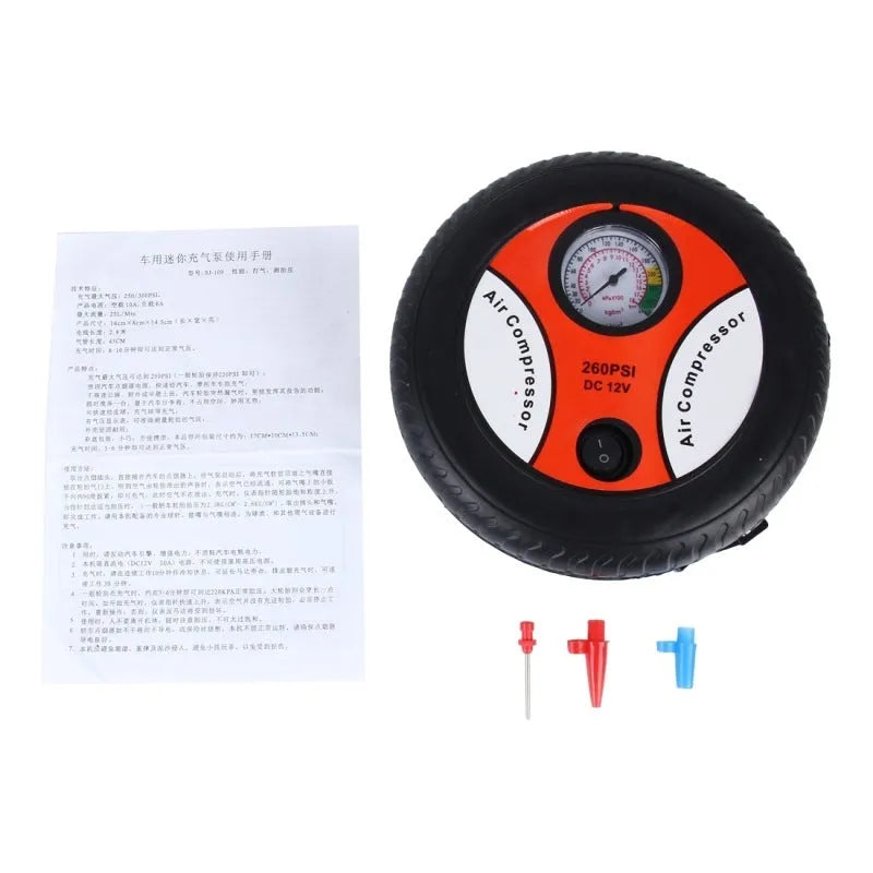 Mini air pump in black ABS casing, dimensions 17x17x6cm, with pressure gauge and power cord