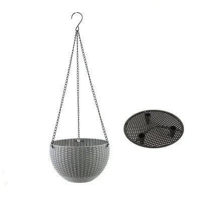 Plastic hanging basket planter with chain in one of seven colours, showing inner pot.