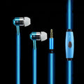 Blue LED light-up earphones with aluminium alloy shells and remote control microphone on cable