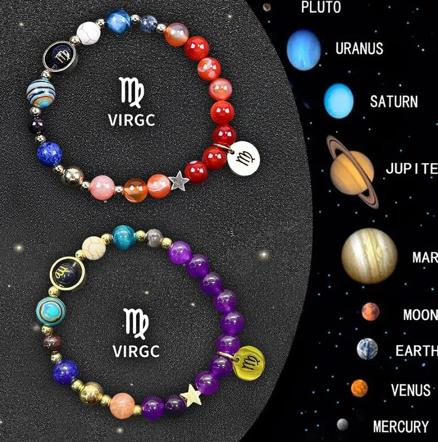 Natural stone zodiac sign bracelet set showing two adjustable bracelets with twelve zodiac designs