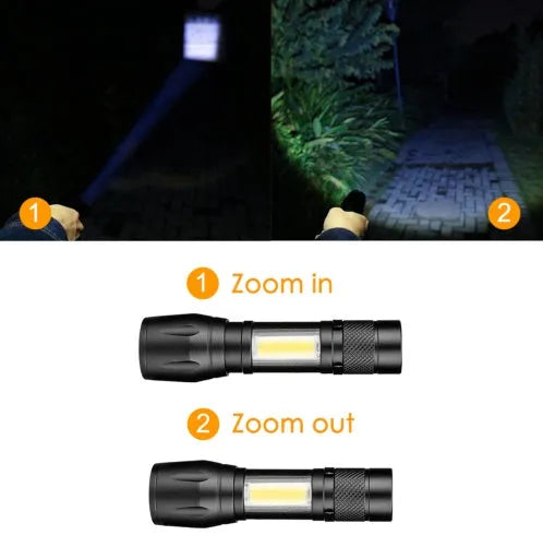 Mini telescopic aluminium alloy LED flashlight with adjustable focus and pocket clip