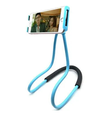 Universal white plastic phone neck holder with shock foam, showing 360-degree rotation and phone clamp.