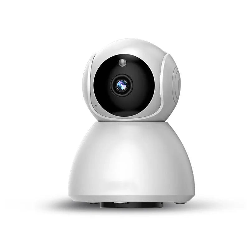 White wireless indoor security camera with 1080P HD resolution and hemispherical design on white background