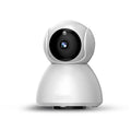 White wireless indoor security camera with 1080P HD resolution and hemispherical design on white background