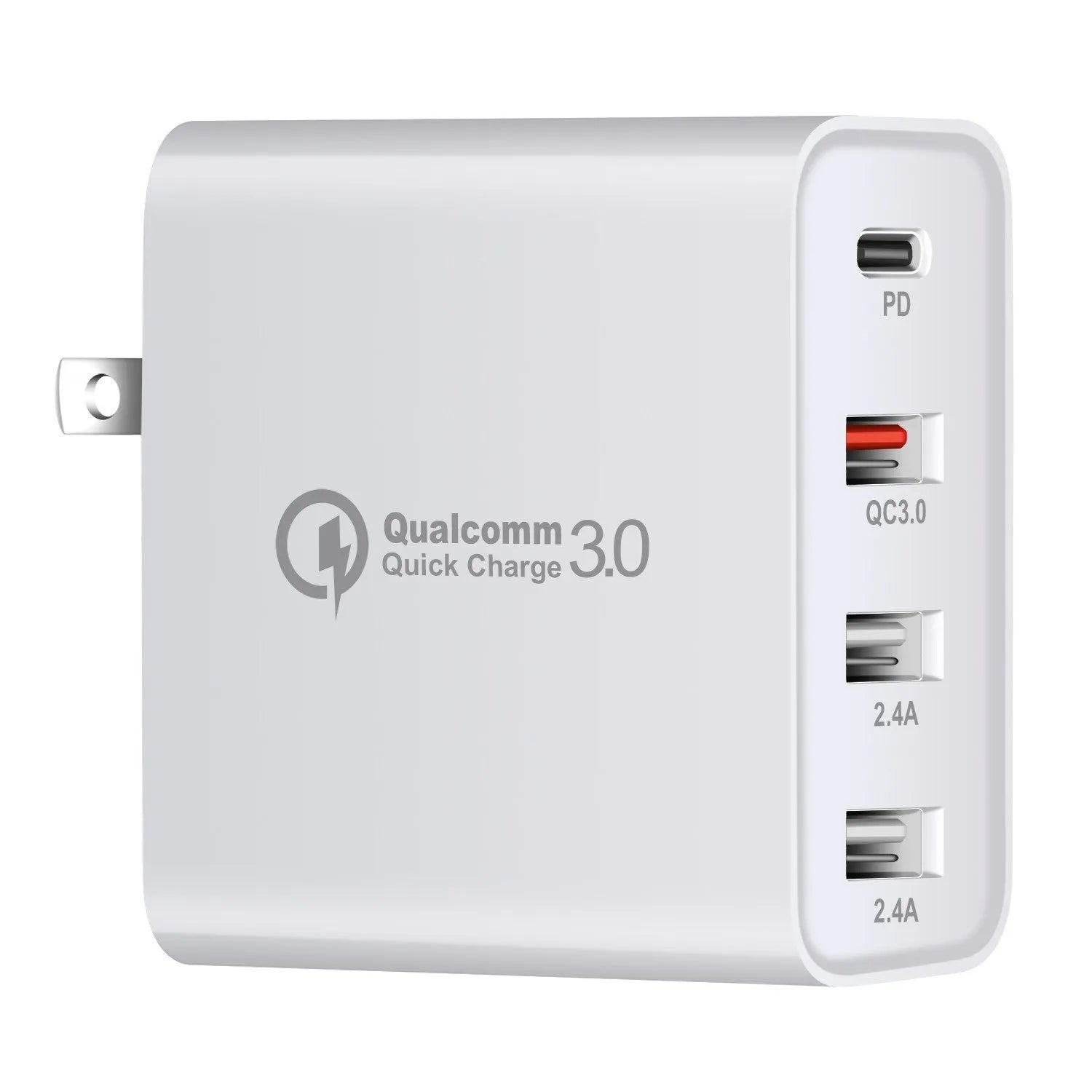 48W four-port USB-C wall charger in black or white with international plug types