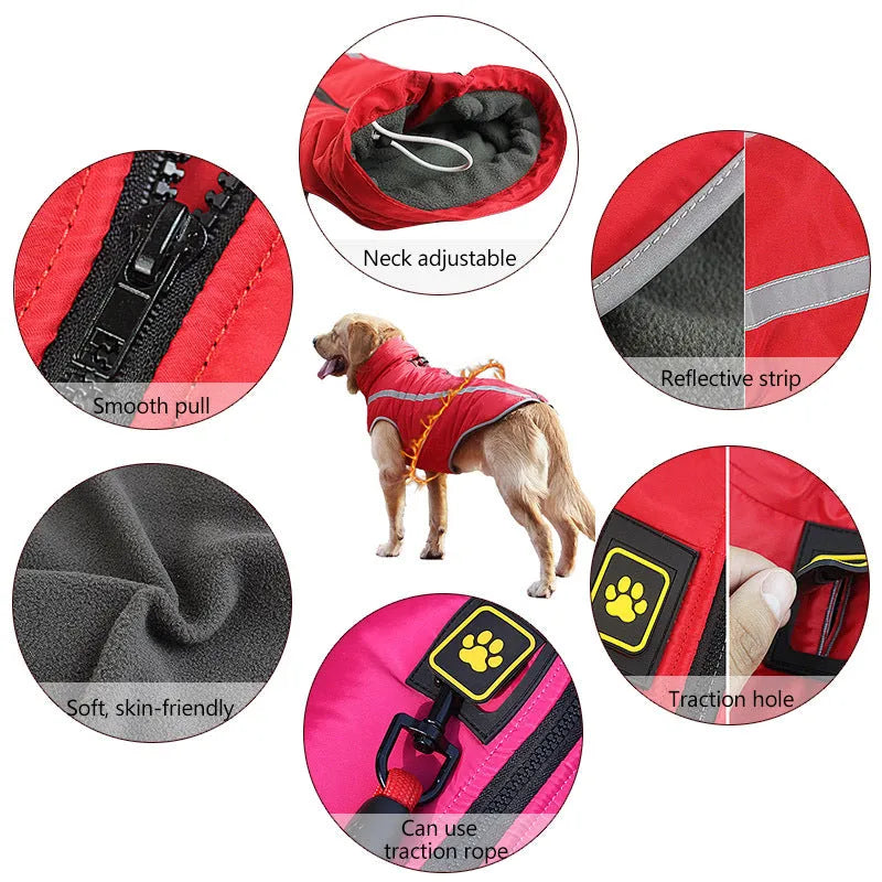 Thickened reversible polar fleece dog coat in blue for small to large dogs with windproof polyester shell