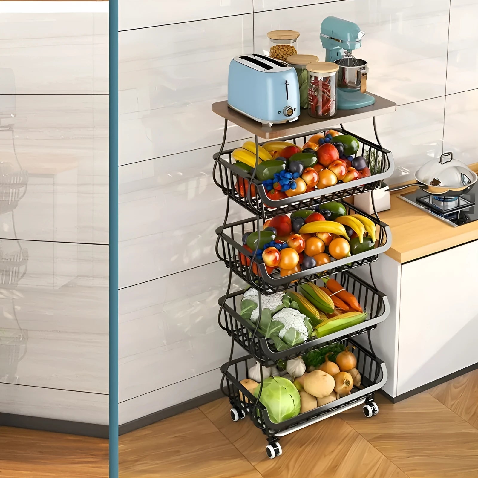 Black six-layer floor-standing kitchen storage trolley with carbon steel construction