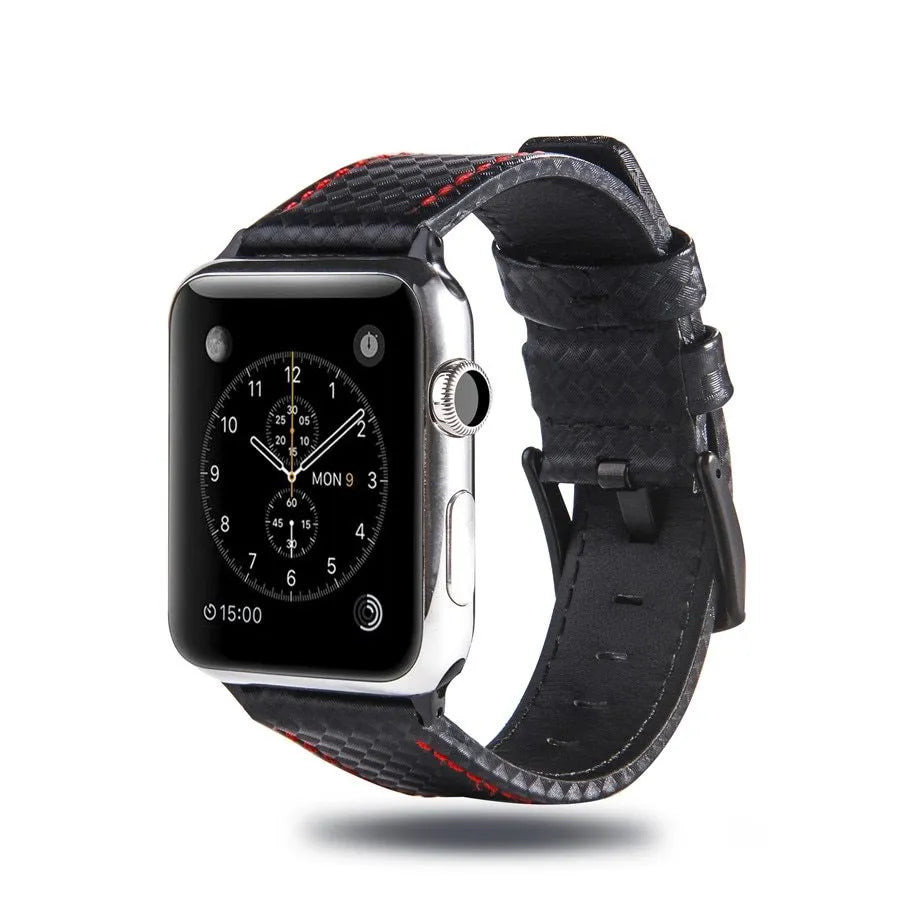 Compatible carbon fibre and leather Apple Watch strap with PC hard case in red, black, orange, and blue colour options.