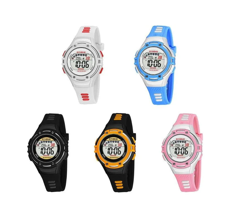 Synoke children's electronic watch in black with luminous display, alarm and 50m water resistance on a child's wrist