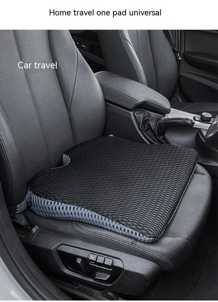 Memory foam car seat cushion with securing straps in breathable fabric