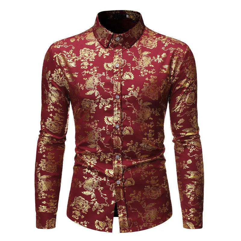 Men's long sleeve lapel shirt with metal bronzing digital print in Wine Red, black, blue, or white