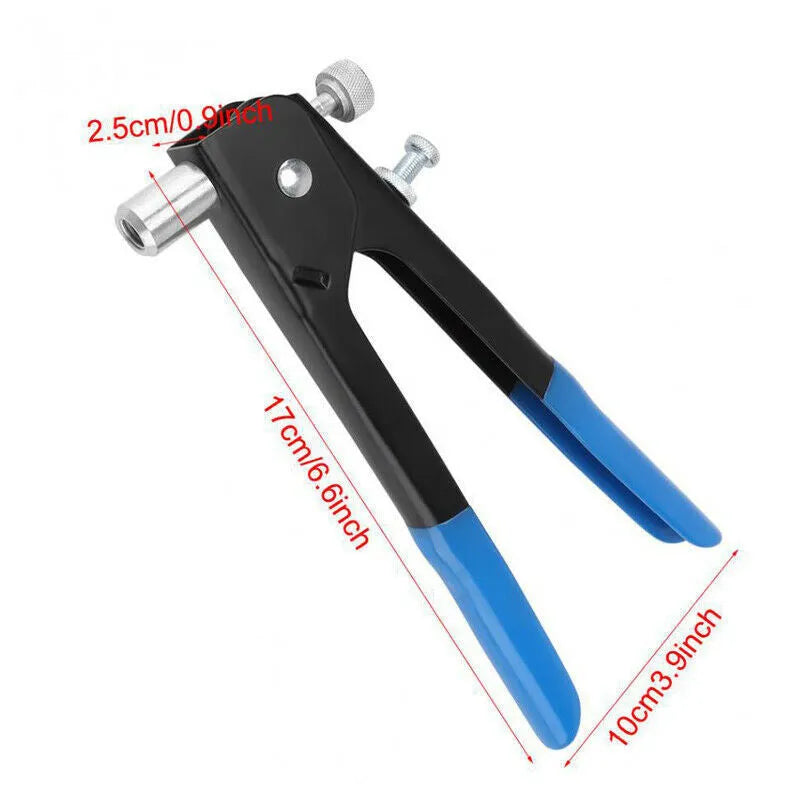 Manual riveter gun tool and assortment of alloy steel rivet nuts from an 86-piece or 106-piece fastener set.