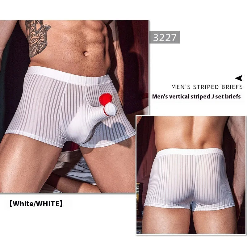 Men's black striped nylon boxer briefs on a white background