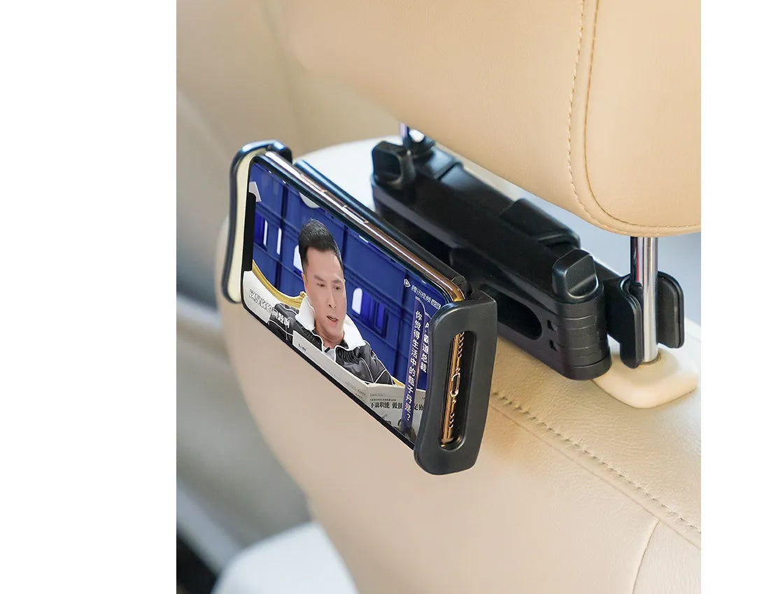 Black universal car phone holder mounted on a car rear seat base, holding a tablet for navigation