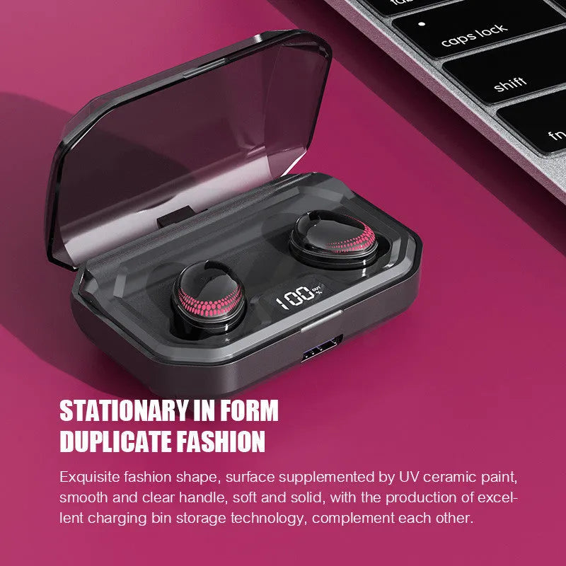Black X10 wireless Bluetooth earbuds and charging case on a white background