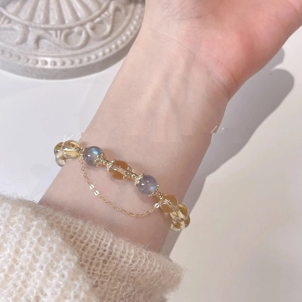 Women's moonstone and citrine crystal bracelet with 14K gold electroplated Chinese style diamond pattern design