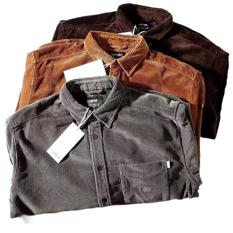 Long sleeve corduroy shirt in caramel colour with Japanese Hong Kong style loose fit