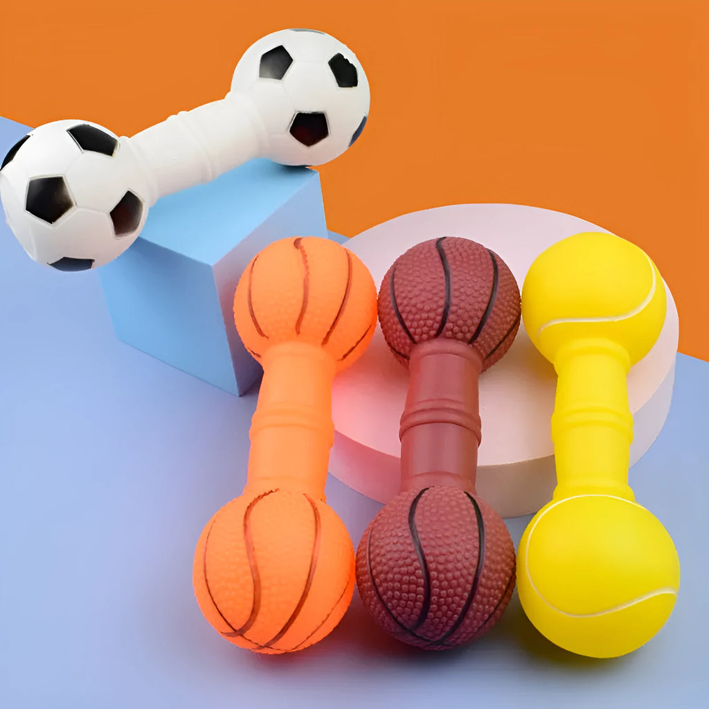 Brown football dumbbell shaped dog chew toy with squeaker