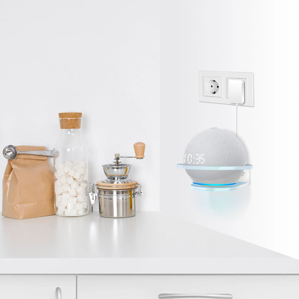White plastic wall mounting bracket for Amazon Echo Dot 4th generation speaker.