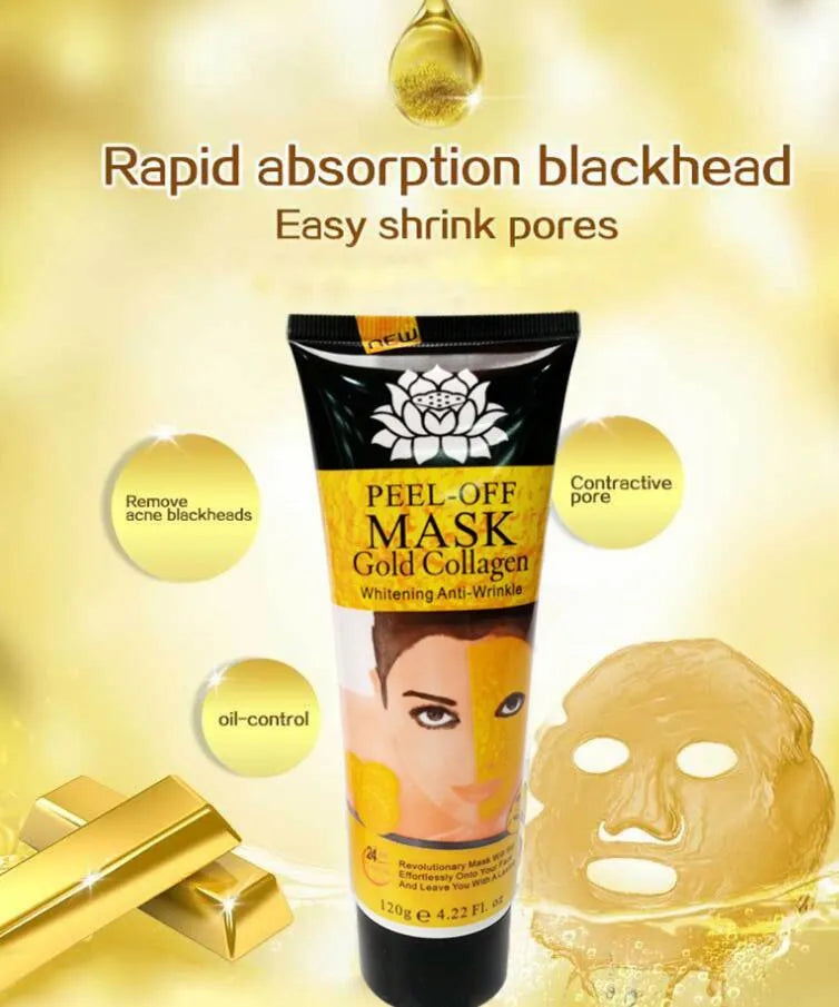 Gold Collagen Peel Off Mask 120g in jar with peel-off texture visible, unisex anti-aging mud mask