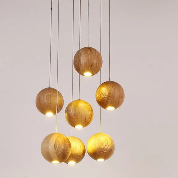 Nordic style solid wood ball chandelier with adjustable height ceiling installation