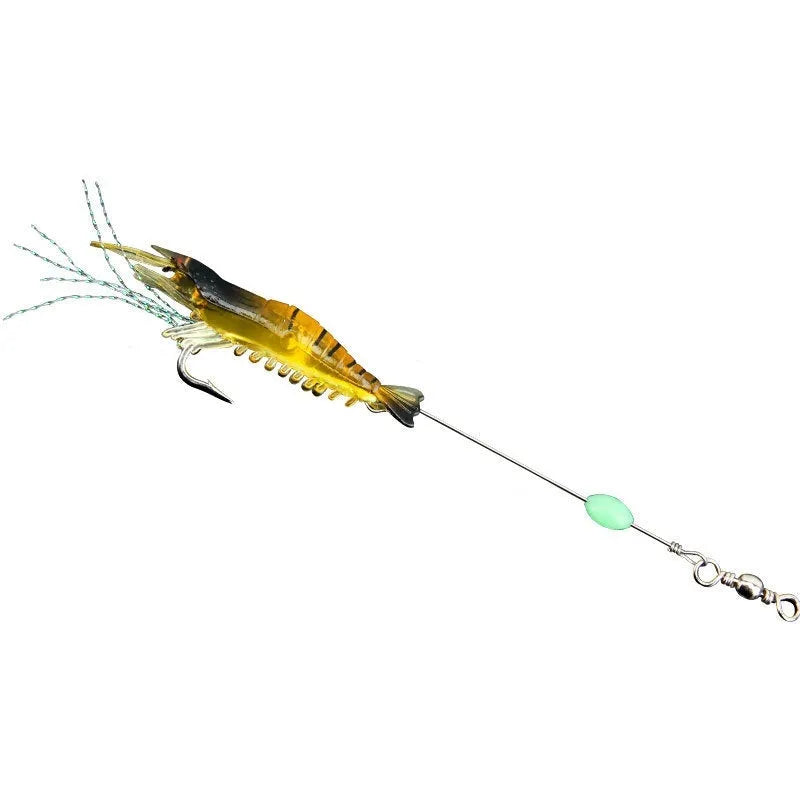 Six soft plastic fishing lures with integrated hooks in different colour variations including luminous patterns