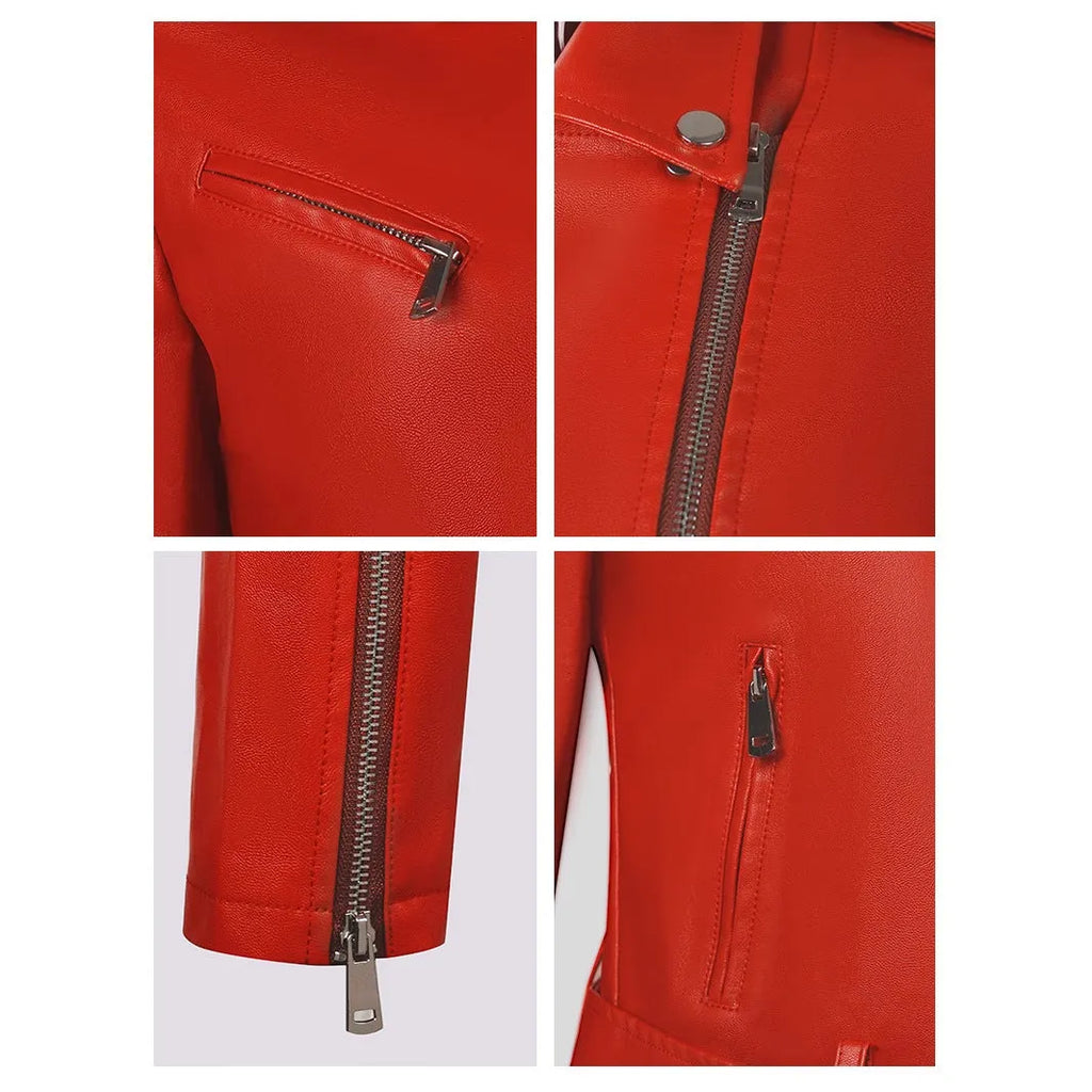 Red women's PU leather motorcycle jacket with a silver lapel short belt fastened at the waist.