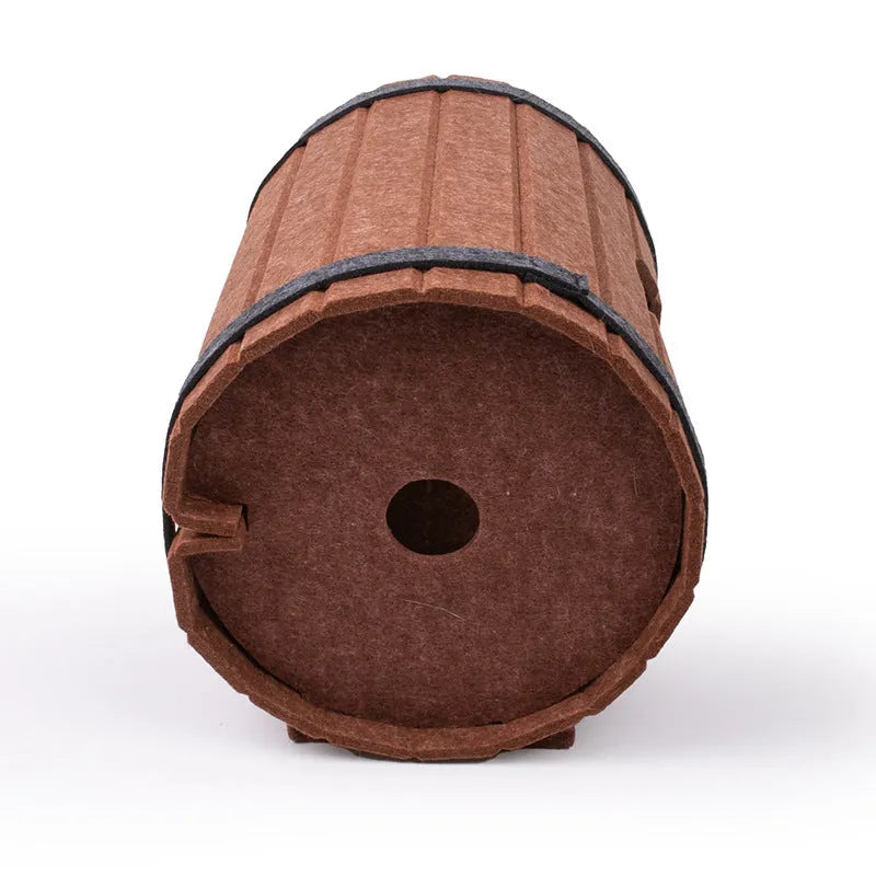 Assembled wine barrel cat bed with three polyester fibre felt boards and binding straps